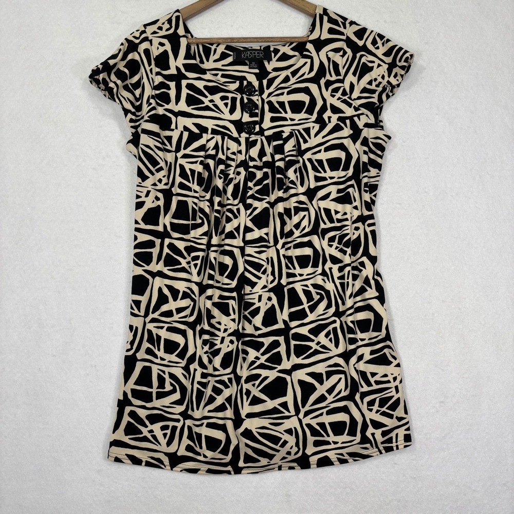 Kasper Woman Geometric Blouse Top Womens 1X Short Sleeve Career Retro Mod